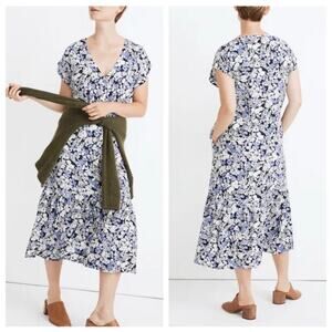 Madewell Dress Womens XXL Purple Blue Button Front Ruffle Hem Midi Flower Garden